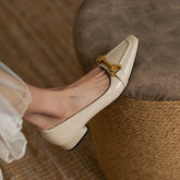 Soft Leather Metallic Buckle Low Heels Oshnow